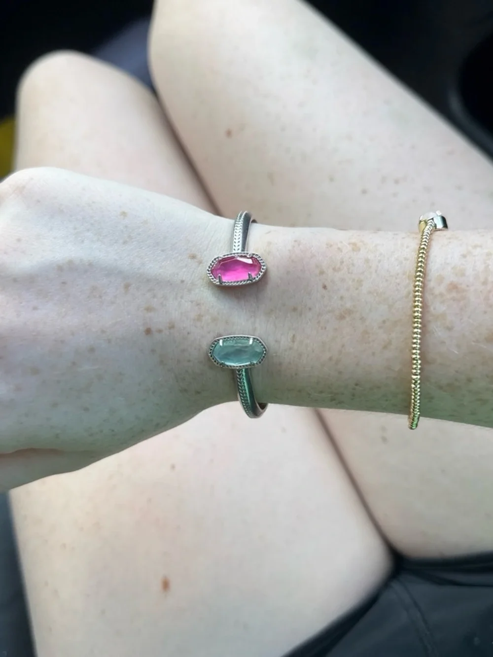 Kendra Scott Silver Open Cuff with Mint Green and Hot Pink Stones